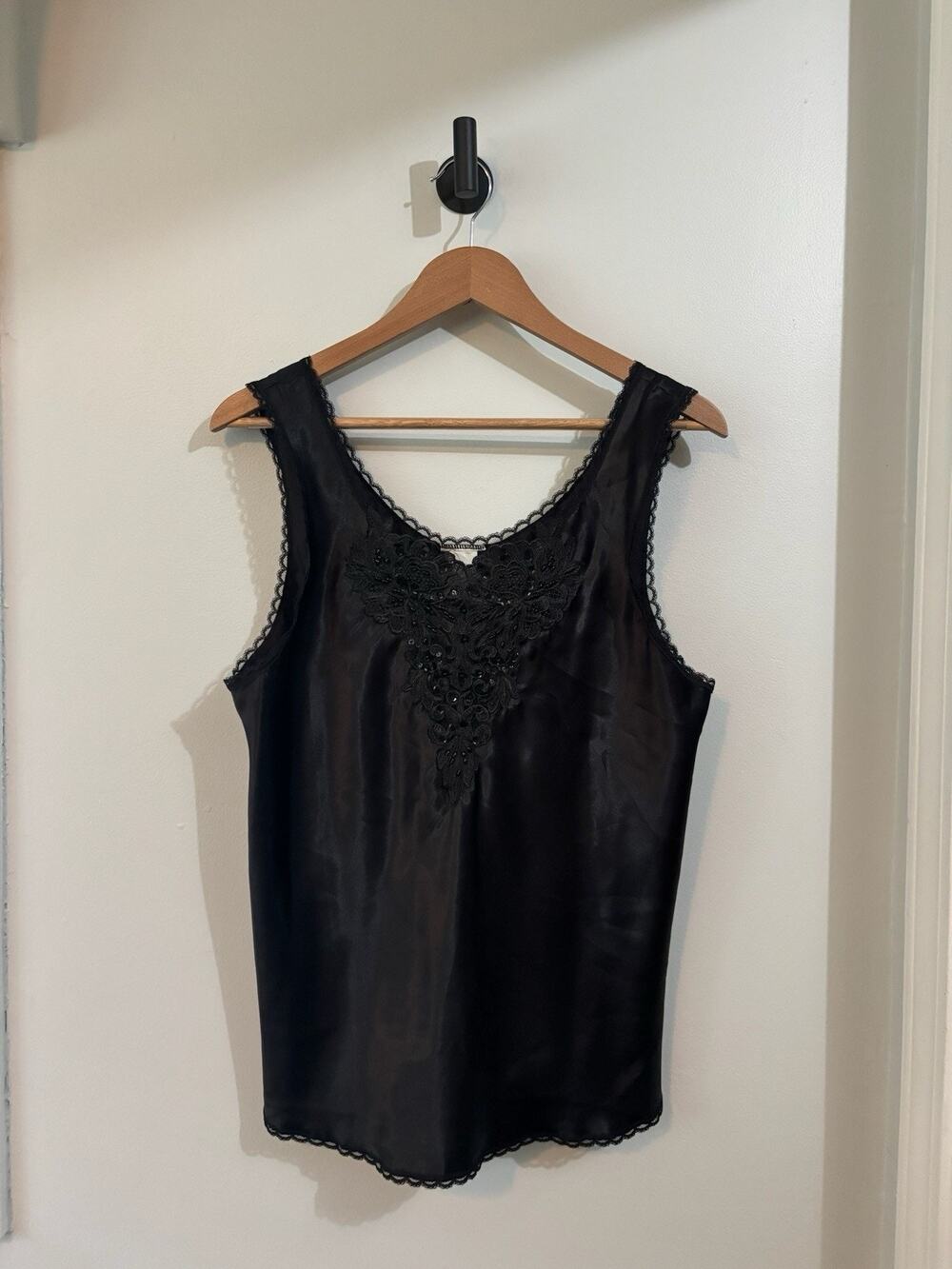Vintage 80s 90s Black Sheer Satin Lace Camisole Tank Top Size XL